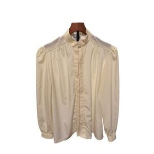 Vtg 80s Gailord Cream Long Sleeve Pleated Button Front Blouse 14 fits sz M